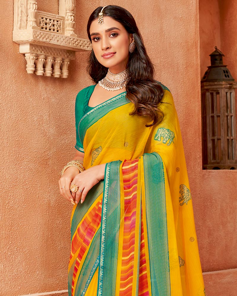 Vishal Prints Dark Yellow Printed Designer Chiffon Saree With Foil Print And Zari Piping