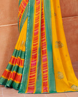 Vishal Prints Dark Yellow Printed Designer Chiffon Saree With Foil Print And Zari Piping