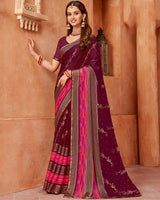 Vishal Prints Wine Printed Designer Chiffon Saree With Foil Print And Zari Piping