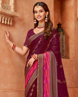 Vishal Prints Wine Printed Designer Chiffon Saree With Foil Print And Zari Piping