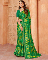 Vishal Prints Green Printed Designer Chiffon Saree With Foil Print And Zari Piping