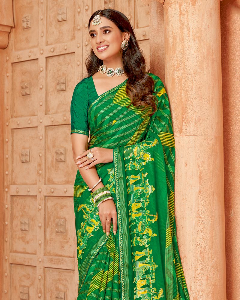 Vishal Prints Green Printed Designer Chiffon Saree With Foil Print And Zari Piping