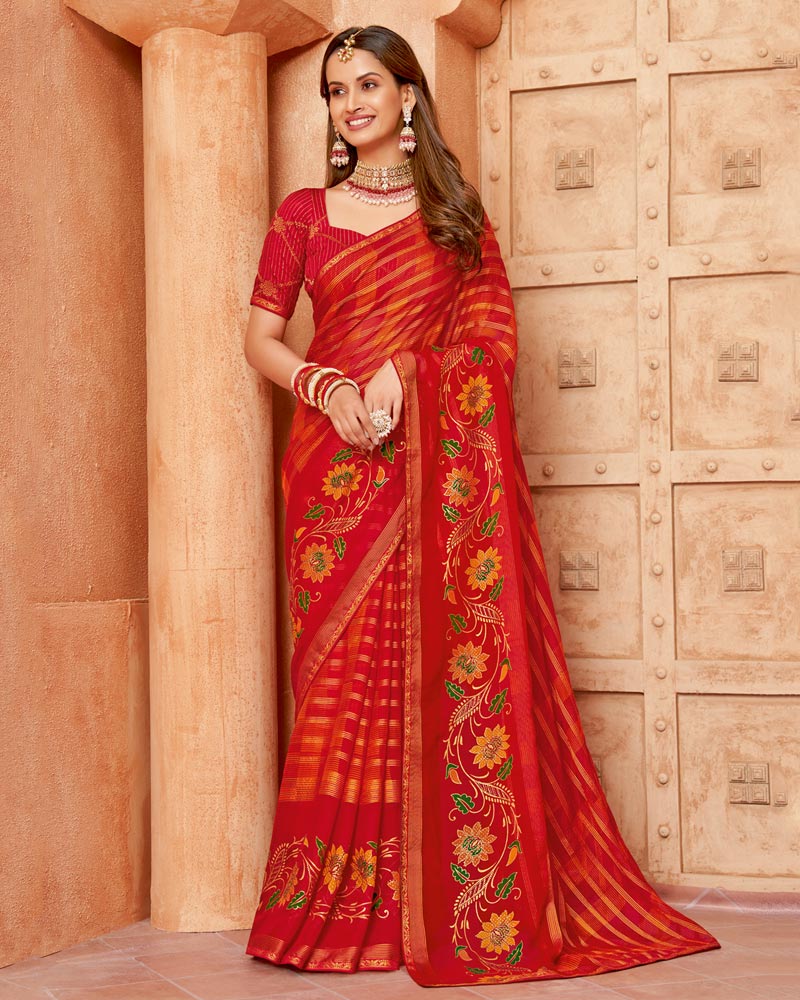 Vishal Prints Dark Red Printed Designer Chiffon Saree With Foil Print And Zari Piping