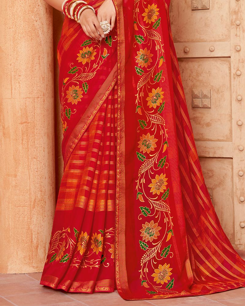 Vishal Prints Dark Red Printed Designer Chiffon Saree With Foil Print And Zari Piping