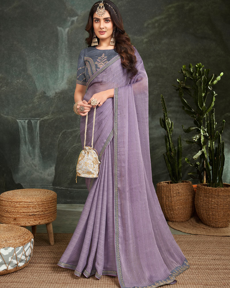 Vishal Prints Pastel Violet Fancy Chiffon Saree With Diamond Work And Designer Zari Border