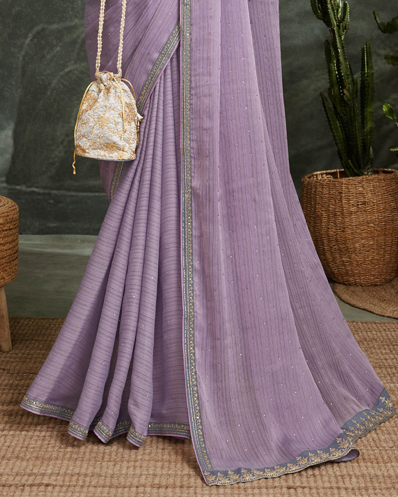 Vishal Prints Pastel Violet Fancy Chiffon Saree With Diamond Work And Designer Zari Border