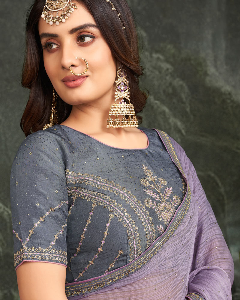 Vishal Prints Pastel Violet Fancy Chiffon Saree With Diamond Work And Designer Zari Border