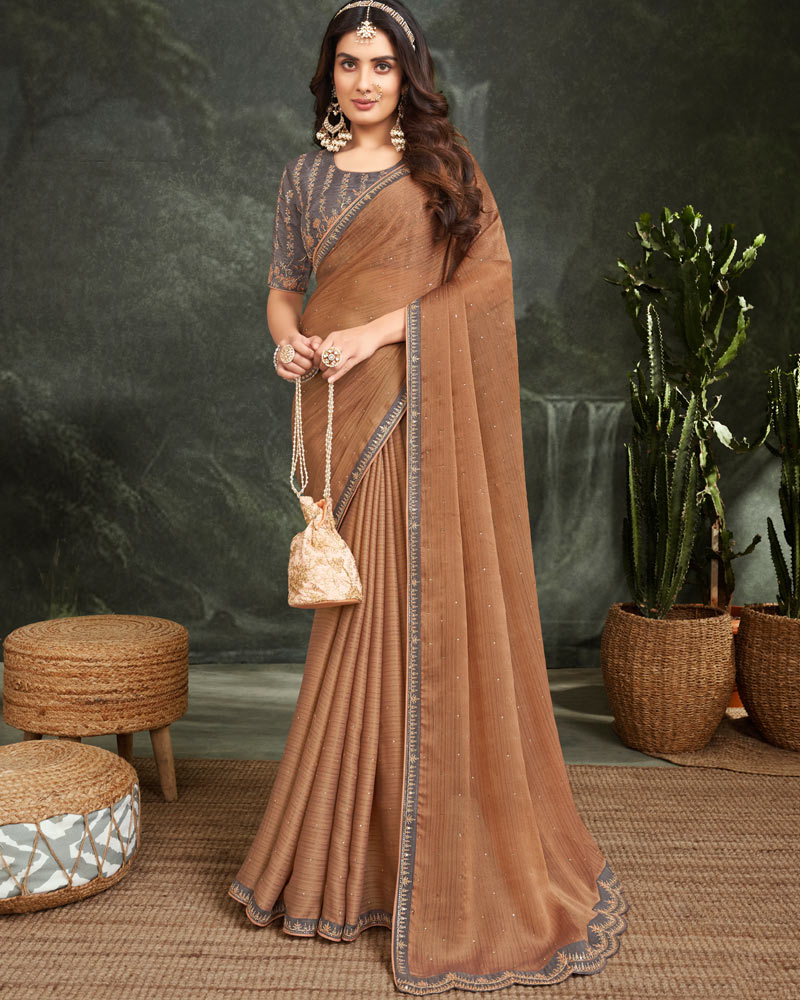 Vishal Prints Twine Brown Fancy Chiffon Saree With Diamond Work And Designer Zari Border