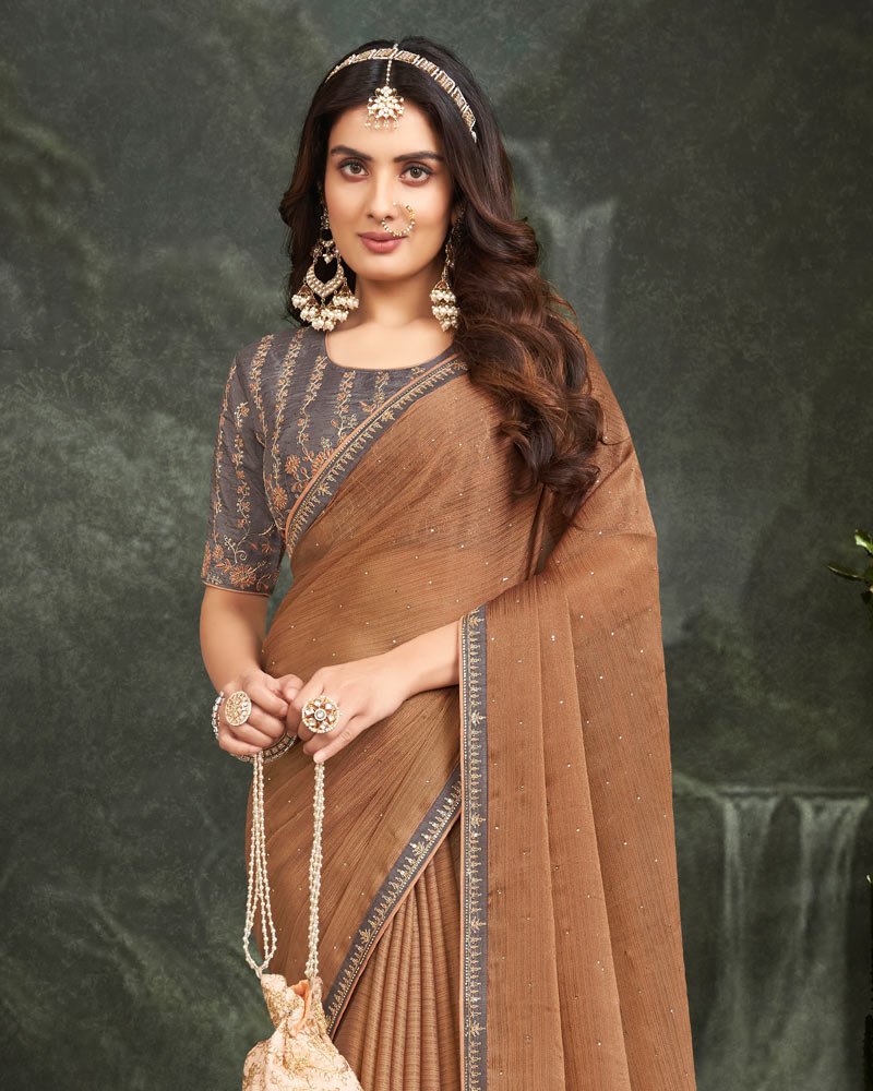 Vishal Prints Twine Brown Fancy Chiffon Saree With Diamond Work And Designer Zari Border