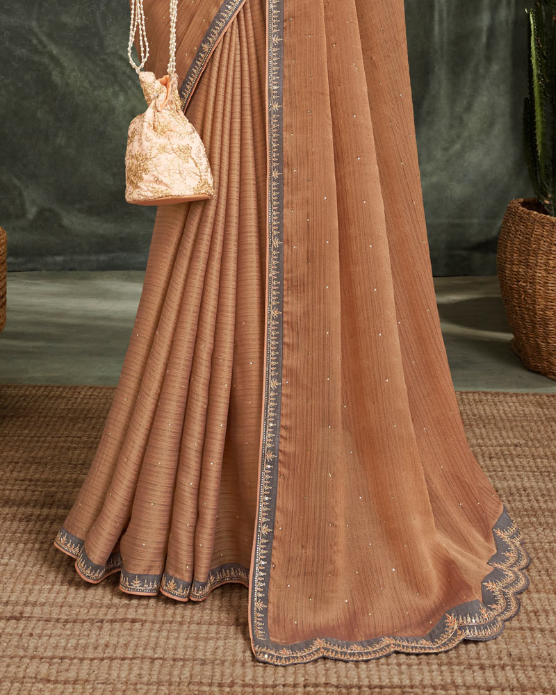 Vishal Prints Twine Brown Fancy Chiffon Saree With Diamond Work And Designer Zari Border