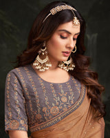 Vishal Prints Twine Brown Fancy Chiffon Saree With Diamond Work And Designer Zari Border