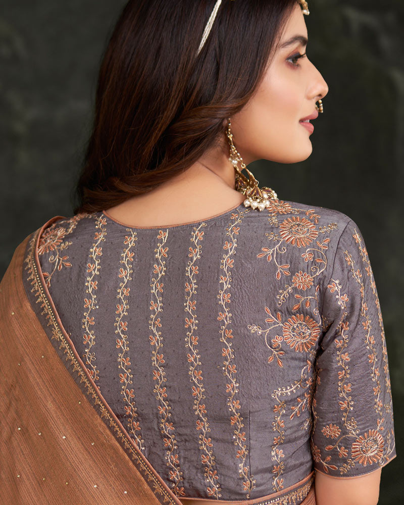 Vishal Prints Twine Brown Fancy Chiffon Saree With Diamond Work And Designer Zari Border