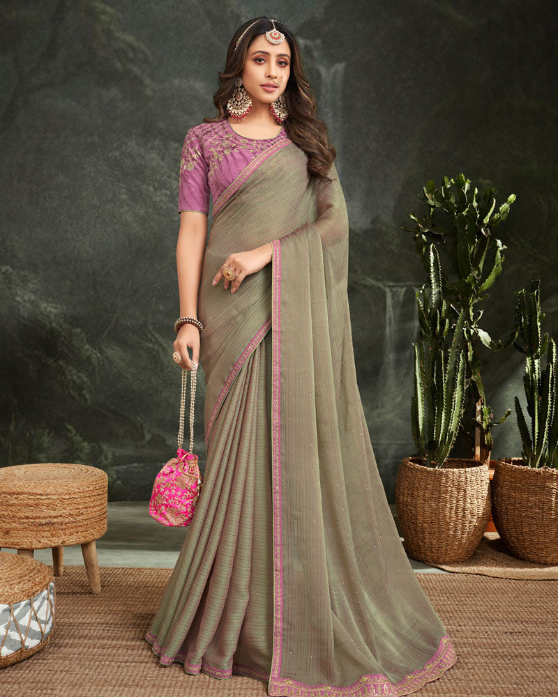 Vishal Prints Sage Green Fancy Chiffon Saree With Diamond Work And Designer Zari Border