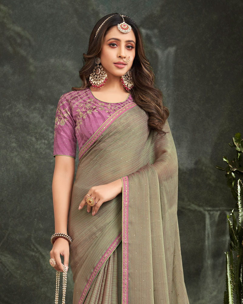 Vishal Prints Sage Green Fancy Chiffon Saree With Diamond Work And Designer Zari Border
