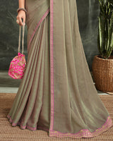 Vishal Prints Sage Green Fancy Chiffon Saree With Diamond Work And Designer Zari Border