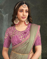 Vishal Prints Sage Green Fancy Chiffon Saree With Diamond Work And Designer Zari Border