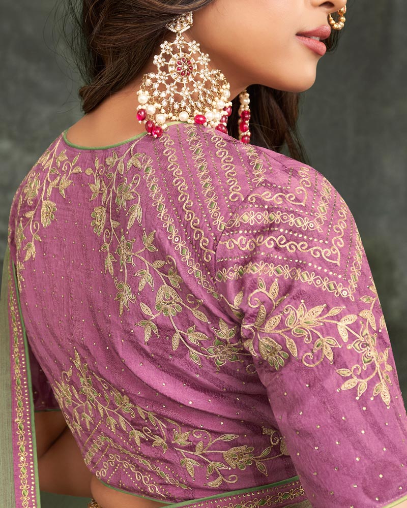 Vishal Prints Sage Green Fancy Chiffon Saree With Diamond Work And Designer Zari Border