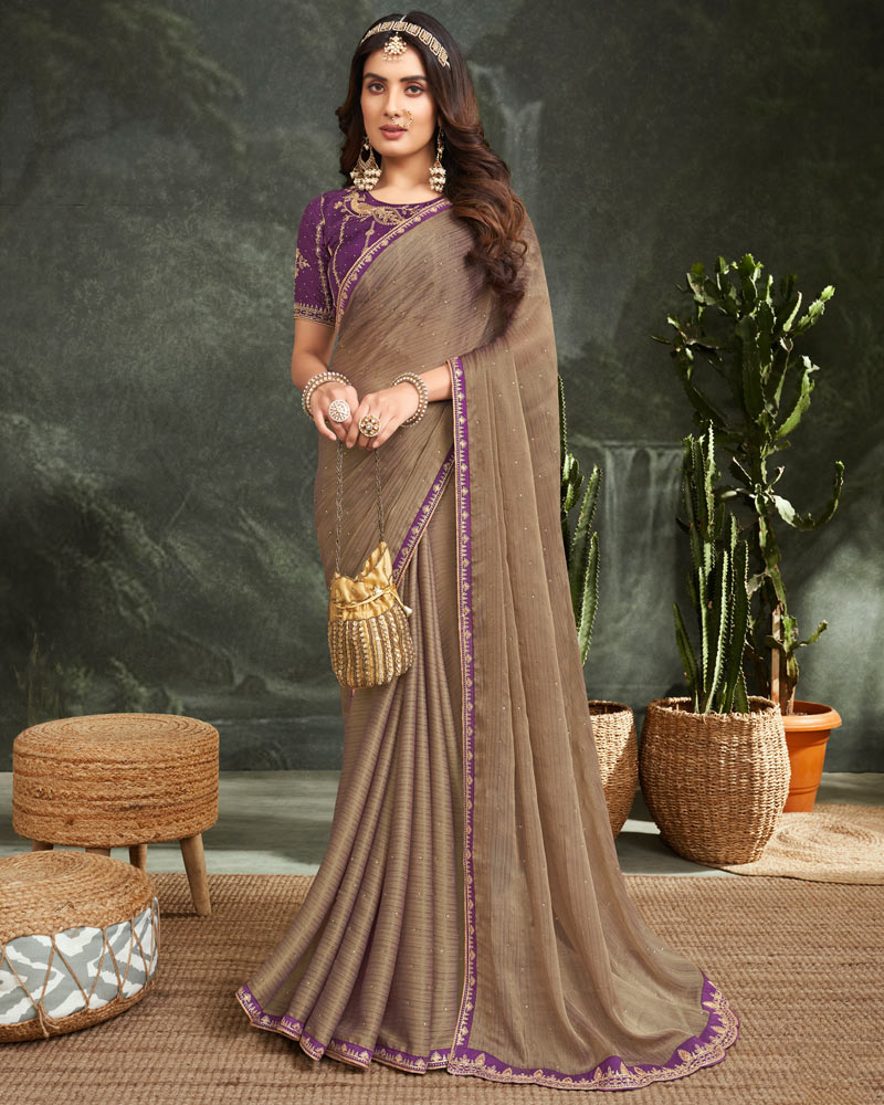Vishal Prints Light Brown Fancy Chiffon Saree With Diamond Work And Designer Zari Border