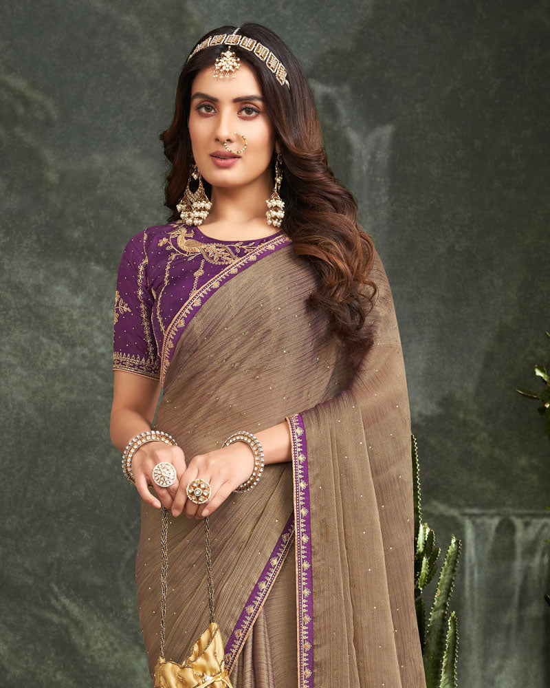 Vishal Prints Light Brown Fancy Chiffon Saree With Diamond Work And Designer Zari Border