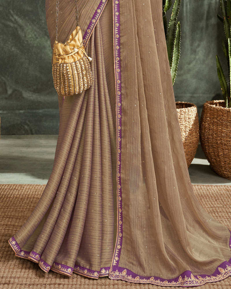 Vishal Prints Light Brown Fancy Chiffon Saree With Diamond Work And Designer Zari Border