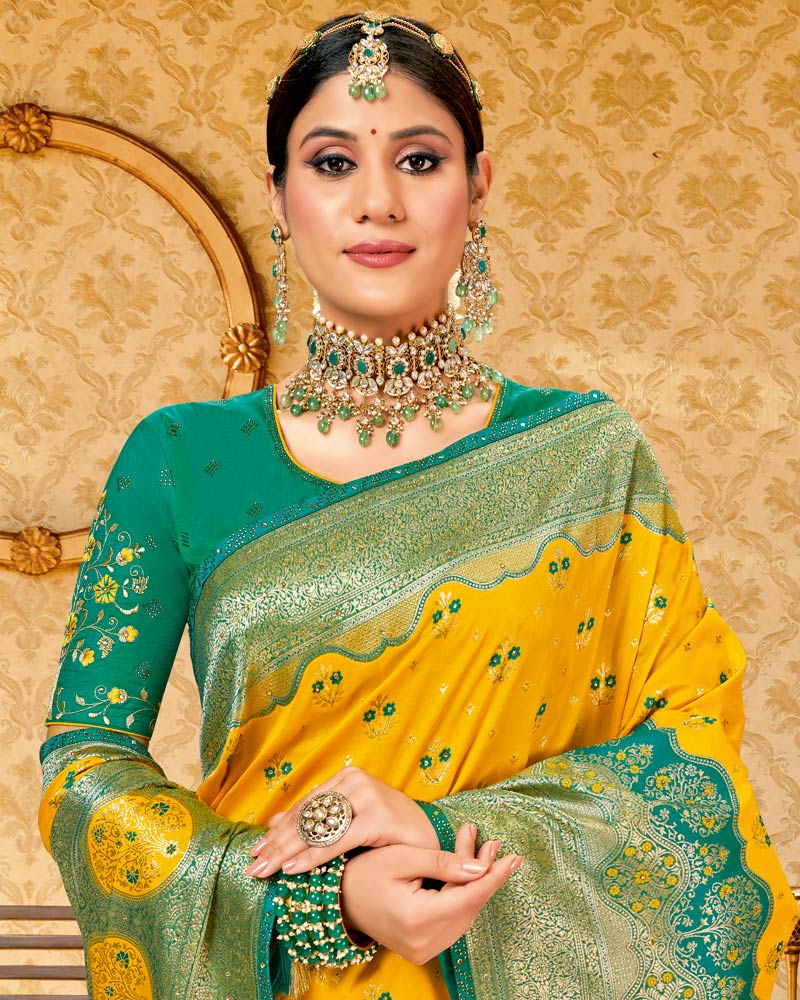 Vishal Prints Dark Yellow Art Silk Weaving Saree With Stone Work And Tassel