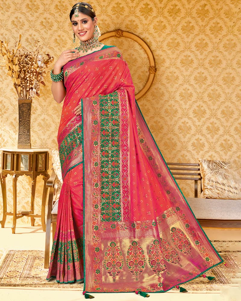 Vishal Prints Pastel Red Art Silk Weaving Saree With Stone Work And Tassel