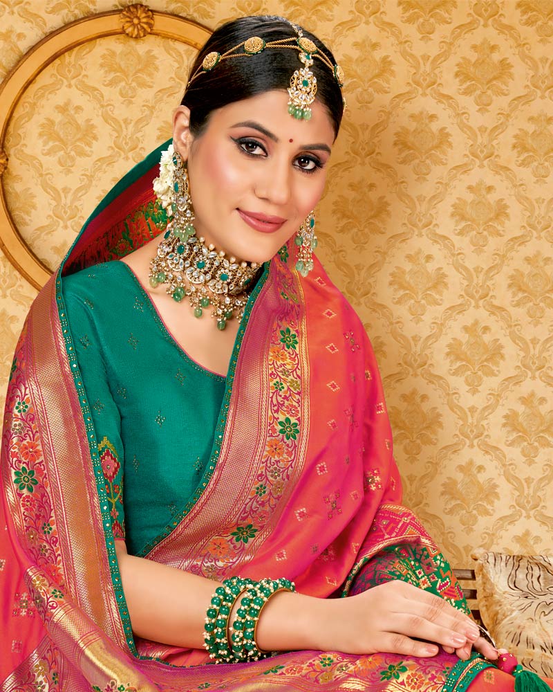 Vishal Prints Pastel Red Art Silk Weaving Saree With Stone Work And Tassel