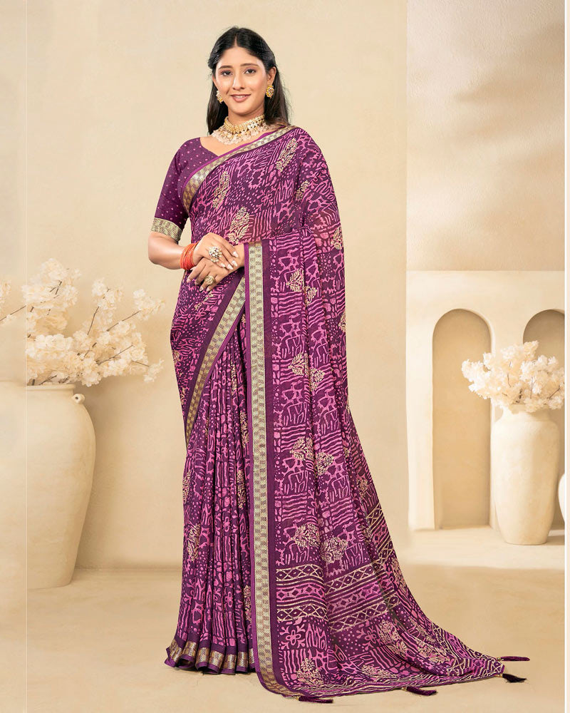 Vishal Prints Dark Purple Criva Crepe Digital Print Saree With Weaved Viscose Patta