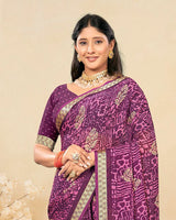 Vishal Prints Dark Purple Criva Crepe Digital Print Saree With Weaved Viscose Patta