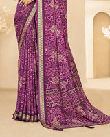 Vishal Prints Dark Purple Criva Crepe Digital Print Saree With Weaved Viscose Patta