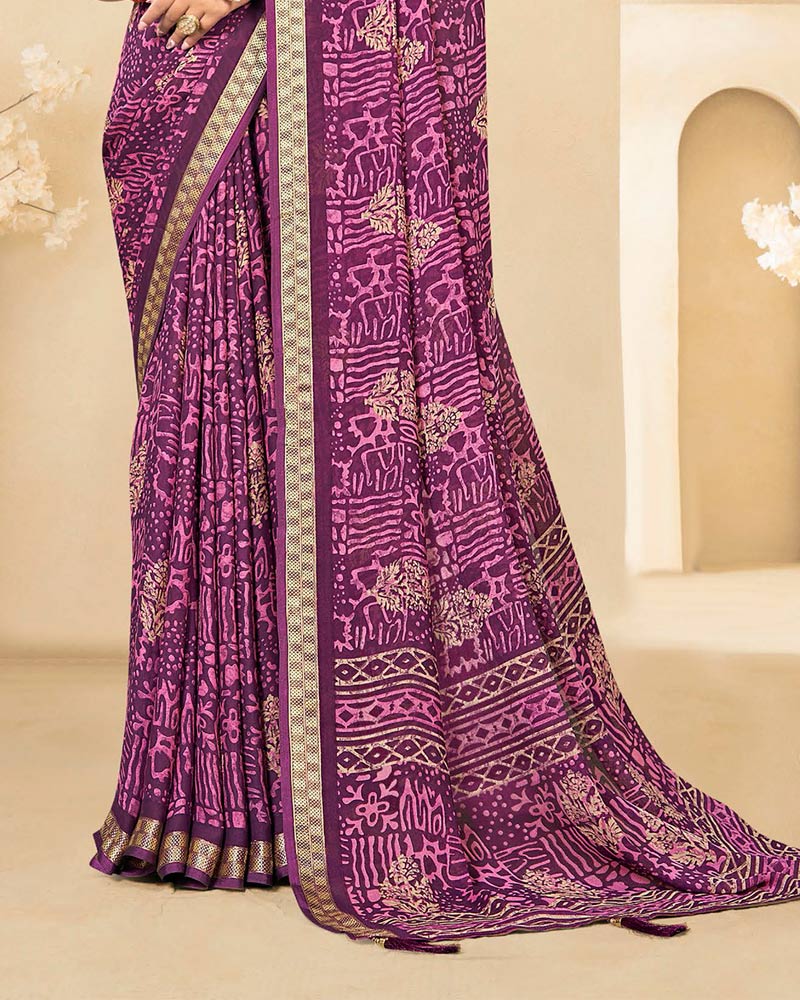 Vishal Prints Dark Purple Criva Crepe Digital Print Saree With Weaved Viscose Patta