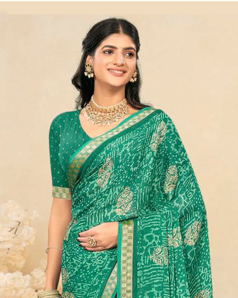 Vishal Prints Pine Green Criva Crepe Digital Print Saree With Weaved Viscose Patta