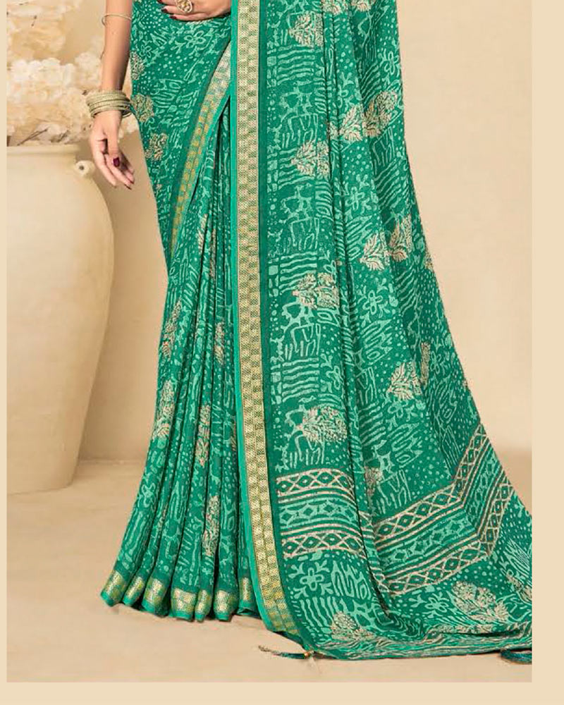 Vishal Prints Pine Green Criva Crepe Digital Print Saree With Weaved Viscose Patta