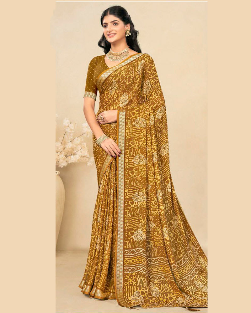Vishal Prints Sandy Taupe Criva Crepe Digital Print Saree With Weaved Viscose Patta