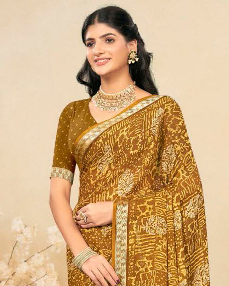 Vishal Prints Sandy Taupe Criva Crepe Digital Print Saree With Weaved Viscose Patta