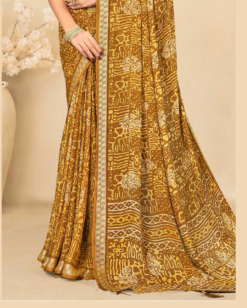 Vishal Prints Sandy Taupe Criva Crepe Digital Print Saree With Weaved Viscose Patta