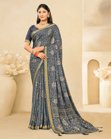 Vishal Prints Storm Grey Criva Crepe Digital Print Saree With Weaved Viscose Patta