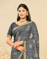 Vishal Prints Storm Grey Criva Crepe Digital Print Saree With Weaved Viscose Patta