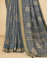 Vishal Prints Storm Grey Criva Crepe Digital Print Saree With Weaved Viscose Patta