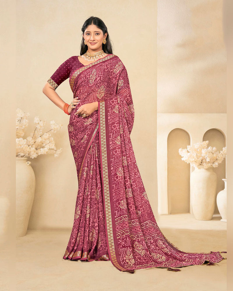 Vishal Prints Light Burgundy Criva Crepe Digital Print Saree With Weaved Viscose Patta