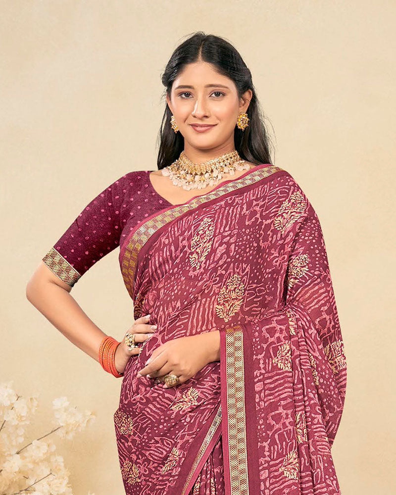 Vishal Prints Light Burgundy Criva Crepe Digital Print Saree With Weaved Viscose Patta