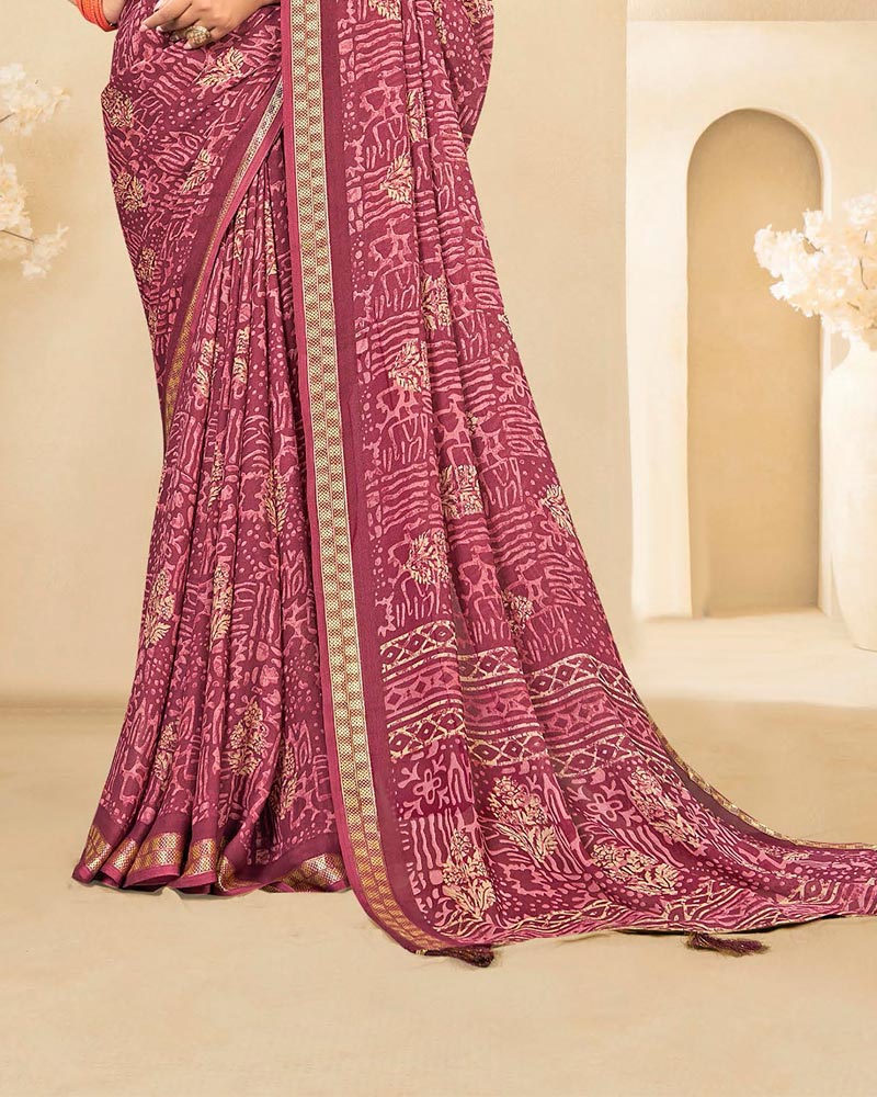 Vishal Prints Light Burgundy Criva Crepe Digital Print Saree With Weaved Viscose Patta