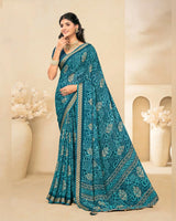 Vishal Prints Dark Teal Blue Criva Crepe Digital Print Saree With Weaved Viscose Patta
