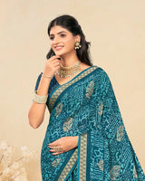 Vishal Prints Dark Teal Blue Criva Crepe Digital Print Saree With Weaved Viscose Patta
