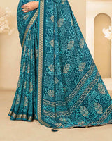 Vishal Prints Dark Teal Blue Criva Crepe Digital Print Saree With Weaved Viscose Patta