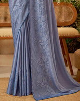 Vishal Prints Regent Grey Designer Fancy Chiffon Saree With Embroidery Diamond Work And Core Piping