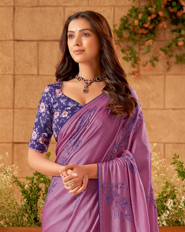 Vishal Prints Pastel Violet Designer Fancy Chiffon Saree With Embroidery Diamond Work And Core Piping