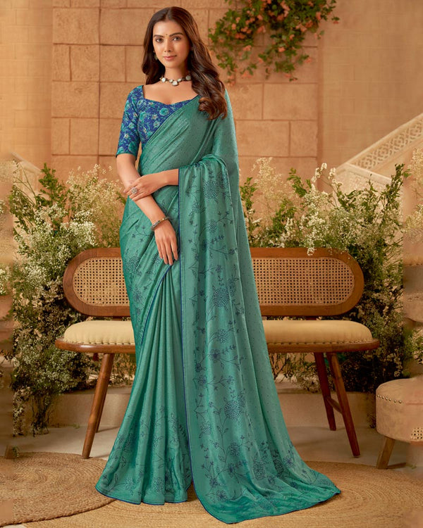 Vishal Prints Patina Green Designer Fancy Chiffon Saree With Embroidery Diamond Work And Core Piping