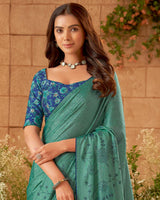Vishal Prints Patina Green Designer Fancy Chiffon Saree With Embroidery Diamond Work And Core Piping