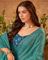 Vishal Prints Patina Green Designer Fancy Chiffon Saree With Embroidery Diamond Work And Core Piping